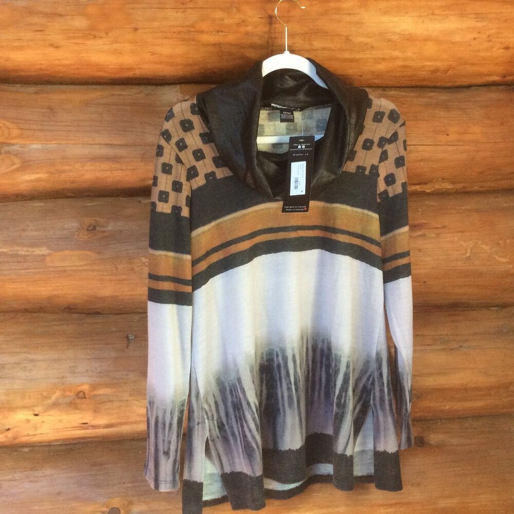Michael Tyler NWT Earth Tone Abstract Cowl Neck Boho Artsy Top Size Medium